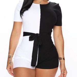 Black and white color block romper